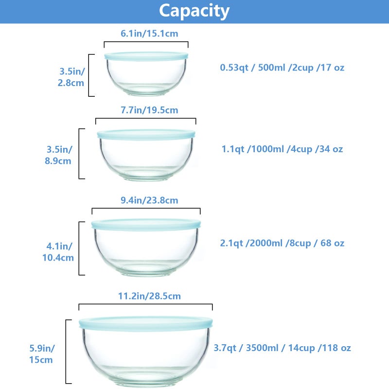 WhiteRhino WhiteRhino 8 Piece Glass Bowls with Lids, Heat Resistant Glass Mixing Bowls Set (3.7QT, 2.1QT, 1.1QT, 0.53QT), Clear Salad Bowls with BAP-Free Lids for Kitchen, Oven Microwave Dishwasher Safe  - Image 2