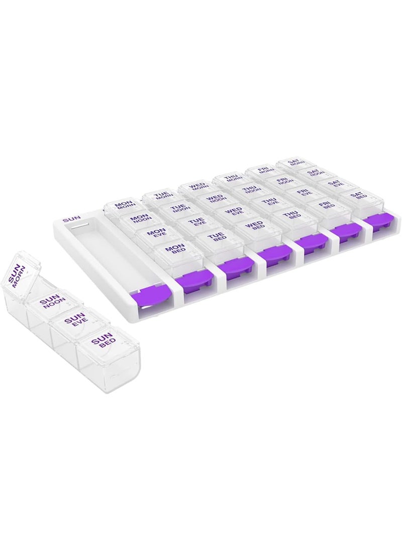 Ezy Dose EZY DOSE Weekly (7 Day) 4 Times a Day Push Button Pill Organizer and Vitamin Planner, Removable Daily Pillboxes, Purple, Clear Lids, Small 
