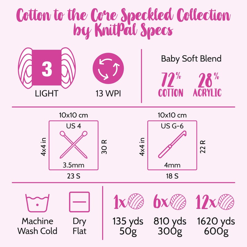 KnitPal Cotton to The Core Speckled Soft Baby Yarn for Crocheting, 6-Pack (810Yds / 300G), Free Patterns - Size 3 DK Light Worsted Weight Cotton Yarn for Knitting - Soft Mint - Image 4