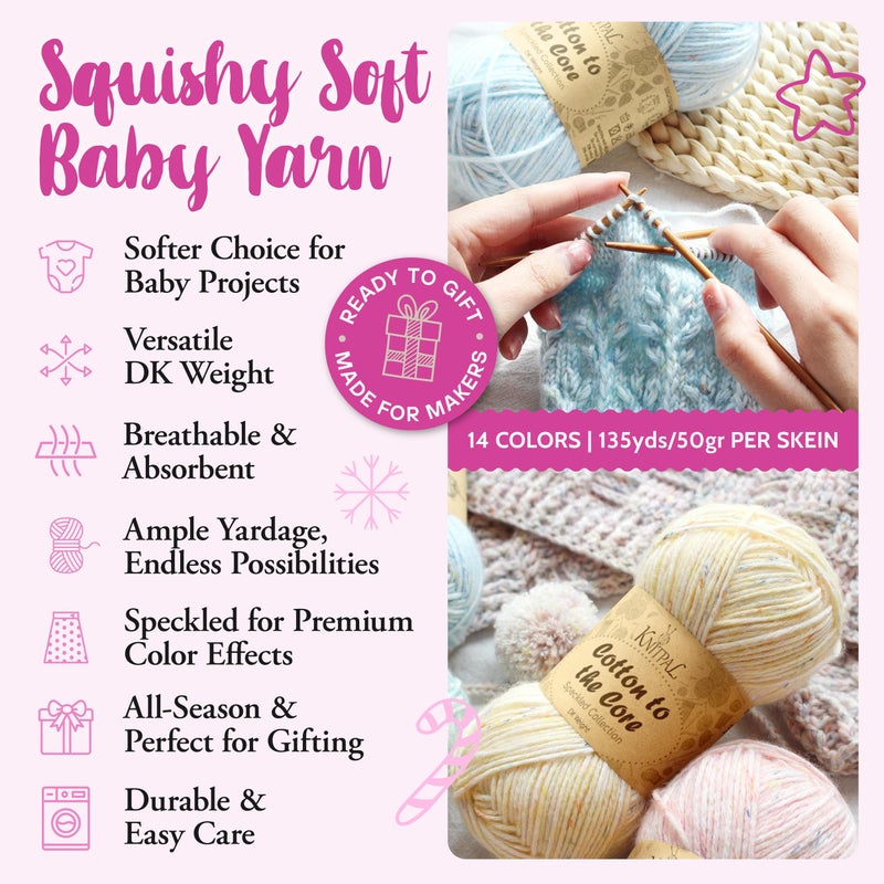 KnitPal Cotton to The Core Speckled Soft Baby Yarn for Crocheting, 6-Pack (810Yds / 300G), Free Patterns - Size 3 DK Light Worsted Weight Cotton Yarn for Knitting - Soft Mint - Image 2