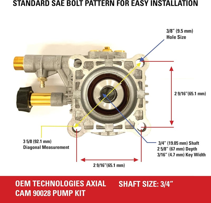Simpson OEM Technologies 3300 PSI 2.4 GPM Replacement Pressure Washer Pump Kit, Horizontal Axial Cam Replacement Pump for Gas Pressure Washer, 3/4" Shaft, Includes Hardware and Siphon Tube (90028) - Image 4