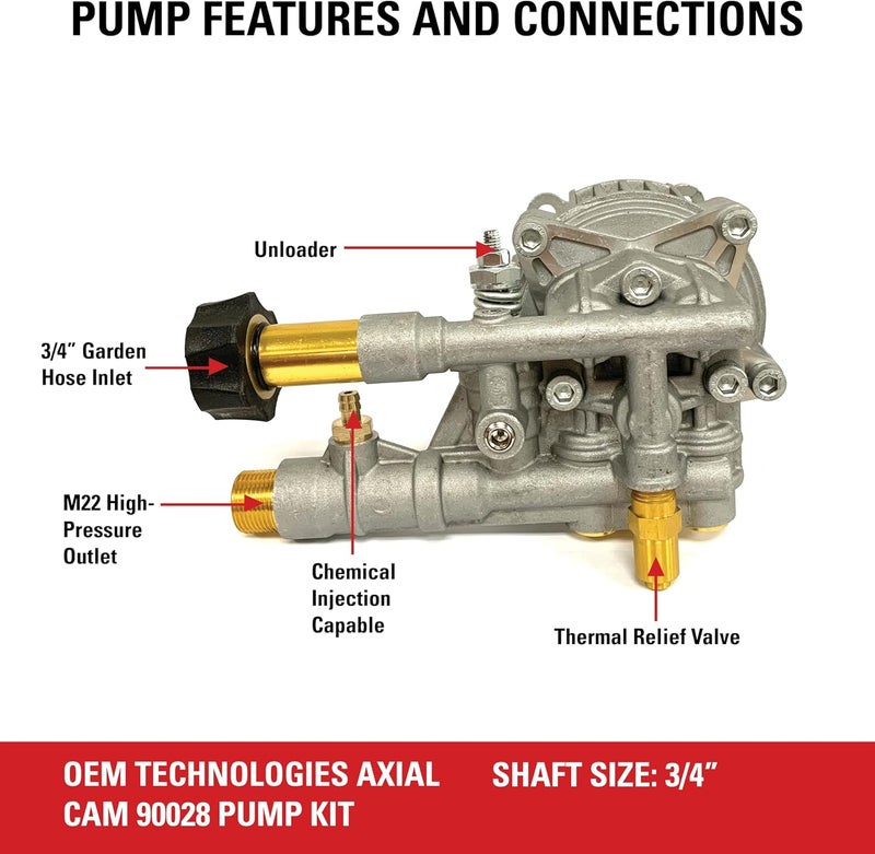 Simpson OEM Technologies 3300 PSI 2.4 GPM Replacement Pressure Washer Pump Kit, Horizontal Axial Cam Replacement Pump for Gas Pressure Washer, 3/4" Shaft, Includes Hardware and Siphon Tube (90028) - Image 2