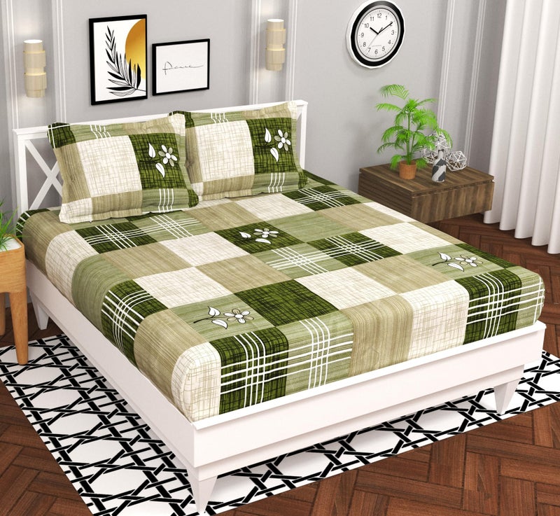 VAS COLLECTIONS Premium 3D Printed 144 TC Microfiber Double Bedsheet with 2 King Size Pillow Covers (90X90 Inches) Light Green & White - Image 1
