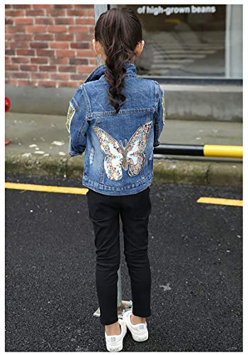 Peacolate 3-10Years Little Big Girls Spring Autumn Embroidered Paillette Sequins Butterfly Denim Jacket Kid's Top (Butterfly,7-8Years) - Image 3