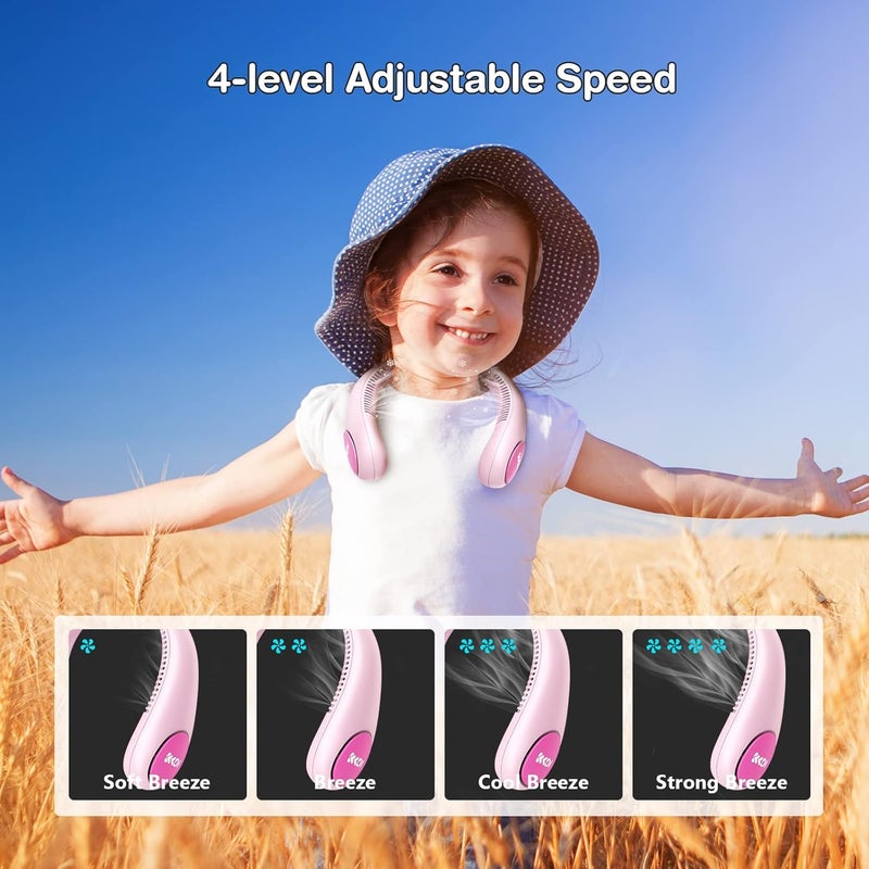 Kkdi مروحة رقبة للأطفال، مراوح محمولة بدون شفرات للأطفال من 4-14 سنة بنين وبنات، 2600mAh USB مروحة تبريد شخصية صغيرة للسفر/التخييم/الدراسة، 4 سرعات، خفيفة الوزن، مدمجة، هدية صيفية مثالية للأطفال - Image 4