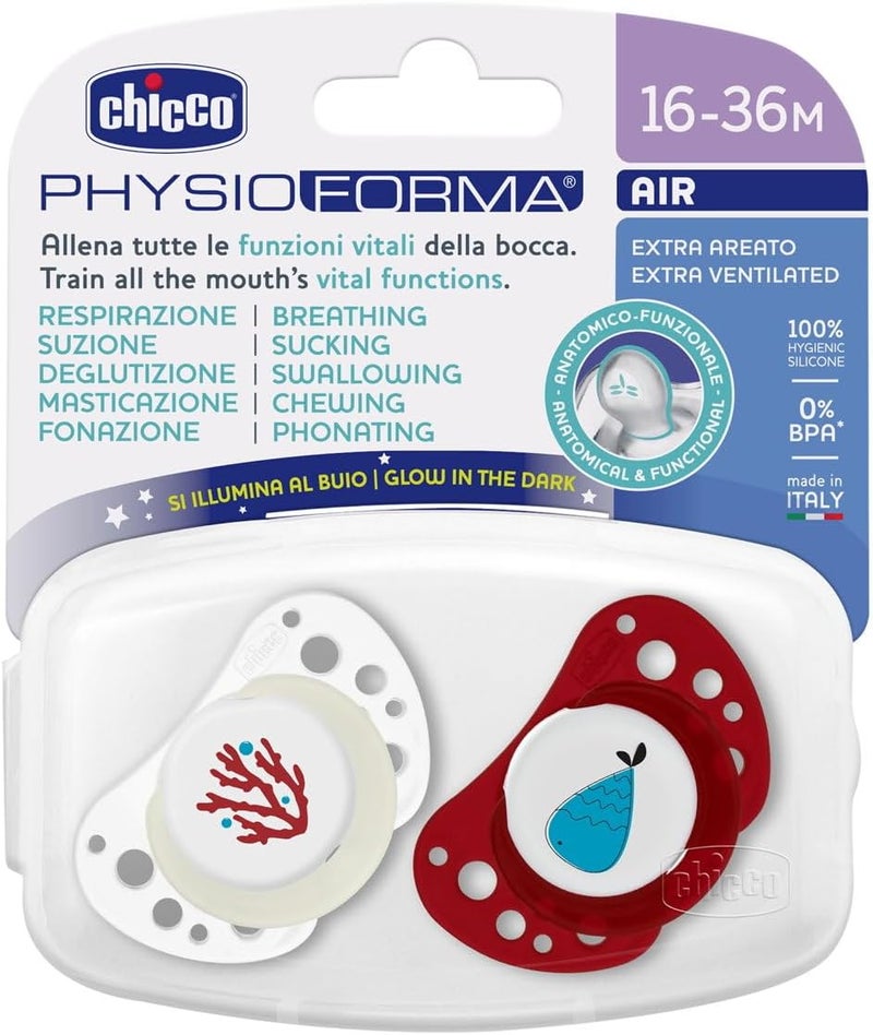 Chicco PhysioForma Dummy Pack of 2, Air Red Lumi, 16-36 Months, Glow in the Dark - Image 2