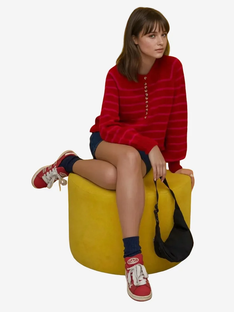 HICCUP Magenta Pink Striped Button Collar Sweater for Women | Best Price UAE