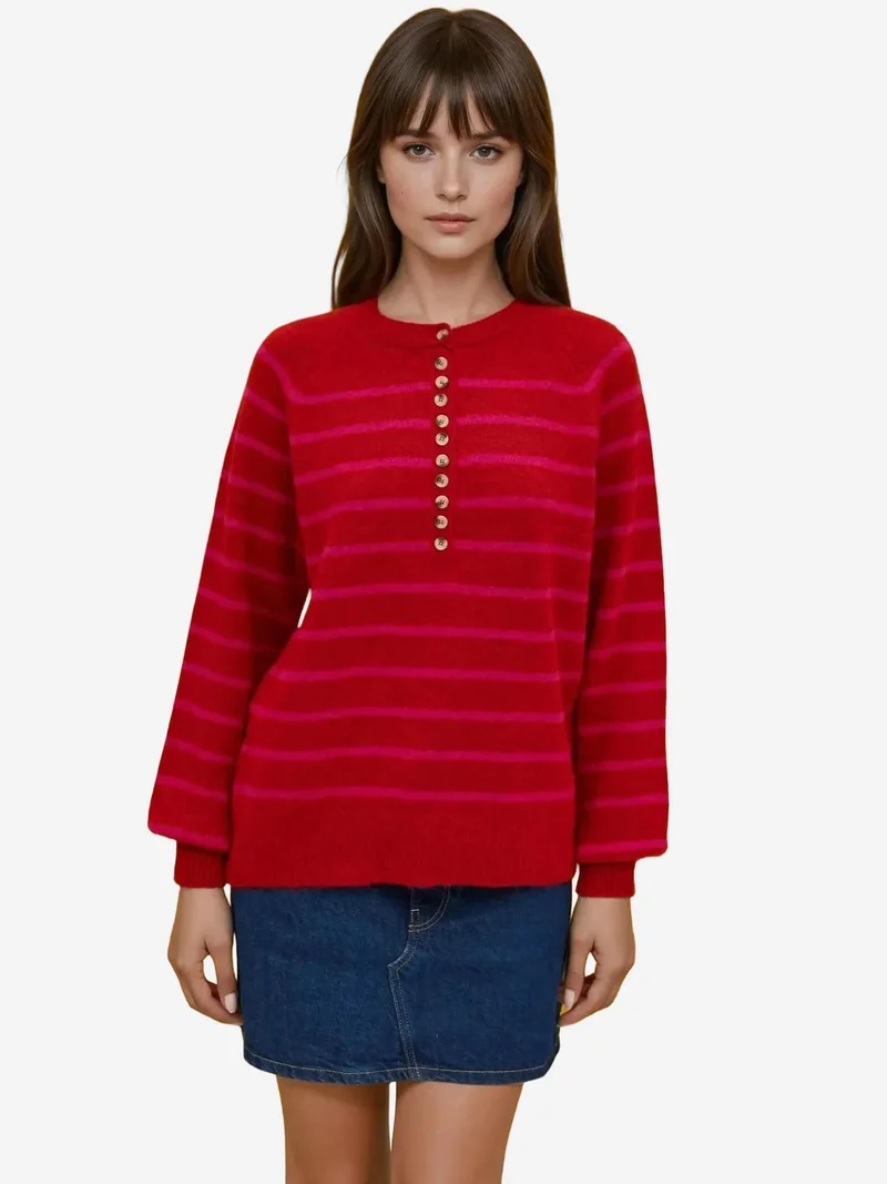 HICCUP Magenta Pink Striped Button Collar Sweater for Women | Best Price UAE