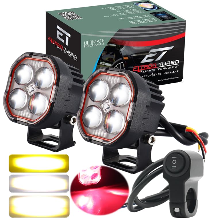 ELTRON TURBO Imported 3 Months Warranty 4 Led 12-24V 110W DC Power Fog Light Waterproof Universal Fit For All Bikes,Scooties,Cars (Pack of 2, Yellow, White, Flashing Reflection, Devil Light, Switch) - Image 1