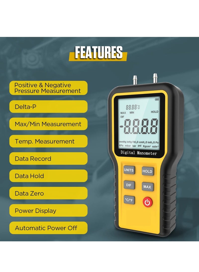 Manometer Professional Digital Display Manometer Gas Pressure Tester Handheld Hvac Dual Port Manometer 12 Selectable Units Differential Pressure Gauge, ±20.68kpa - Image 2