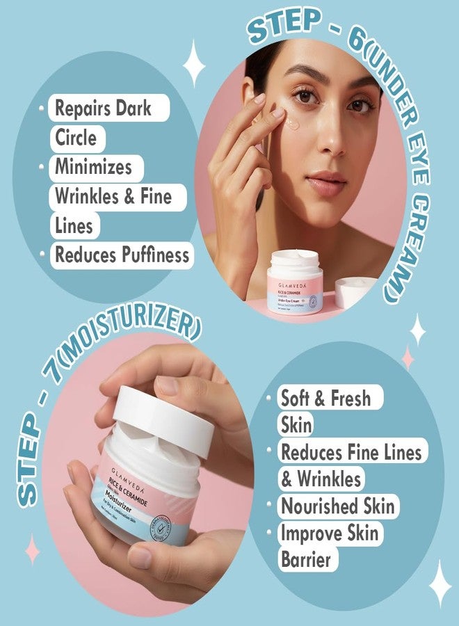 Glamveda Korean Rice & Ceramide 9 Step Skincare Routine For Women & Men | Face wash, Peel Off Mask, Toner, Serum, Under eye Cream, Moisturizer, Sunscreen, Body Lotion & Soap | Skin Brightening - Image 4