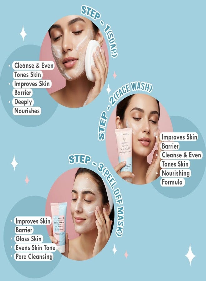 Glamveda Korean Rice & Ceramide 9 Step Skincare Routine For Women & Men | Face wash, Peel Off Mask, Toner, Serum, Under eye Cream, Moisturizer, Sunscreen, Body Lotion & Soap | Skin Brightening - Image 2