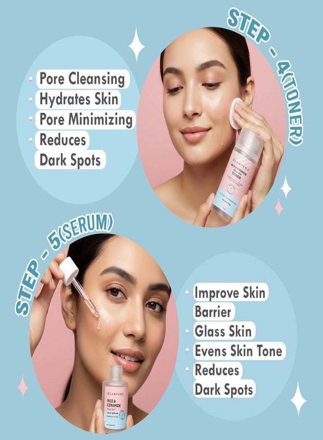 Glamveda Korean Rice & Ceramide 9 Step Skincare Routine For Women & Men | Face wash, Peel Off Mask, Toner, Serum, Under eye Cream, Moisturizer, Sunscreen, Body Lotion & Soap | Skin Brightening - Image 3