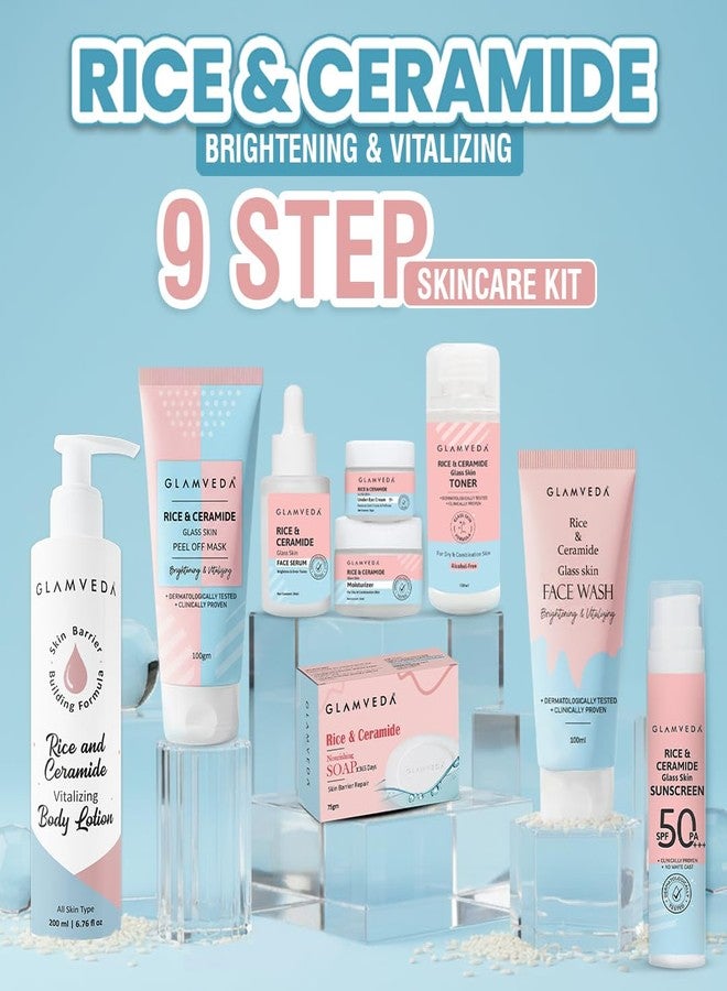 Glamveda Korean Rice & Ceramide 9 Step Skincare Routine For Women & Men | Face wash, Peel Off Mask, Toner, Serum, Under eye Cream, Moisturizer, Sunscreen, Body Lotion & Soap | Skin Brightening - Image 1