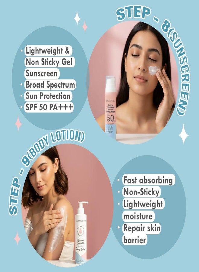 Glamveda Korean Rice & Ceramide 9 Step Skincare Routine For Women & Men | Face wash, Peel Off Mask, Toner, Serum, Under eye Cream, Moisturizer, Sunscreen, Body Lotion & Soap | Skin Brightening - Image 5