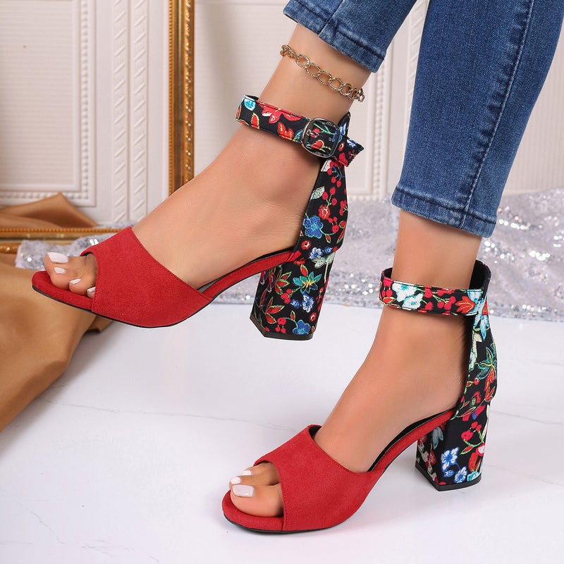 2024 Stylish Plus-Size Embroidered Chunky Heel Sandals for Women Red 