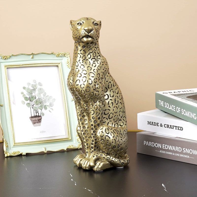Polyroyal Cheetah Statue Home Decor Leopard Sculpture Resin Sitting Cheetah Figurine Desktop Table Top Ornament Decoration for Home Office Champagne Gold - Image 3