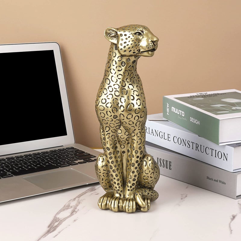 Polyroyal Cheetah Statue Home Decor Leopard Sculpture Resin Sitting Cheetah Figurine Desktop Table Top Ornament Decoration for Home Office Champagne Gold - Image 4