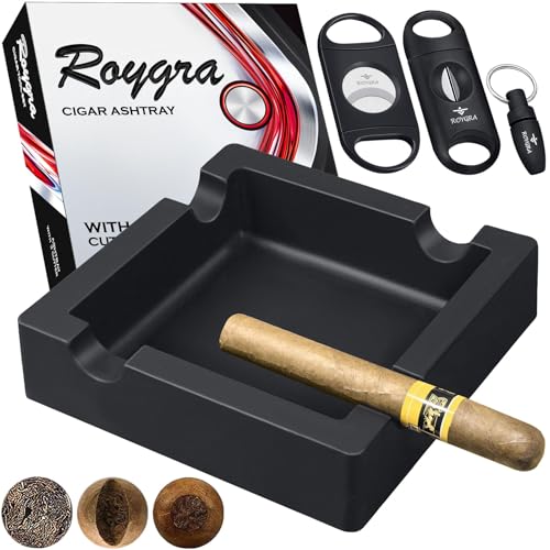 roygra Outdoor Ashtray, Ash Tray Outdoors, Cigar Ashtray for Outside Patio with 3 Cutter, Silicone Ashtrays for Outdoors with 4 Holder, Cigars Smoking Accessories for Men, Home Décor Smokers Indoor - Image 1