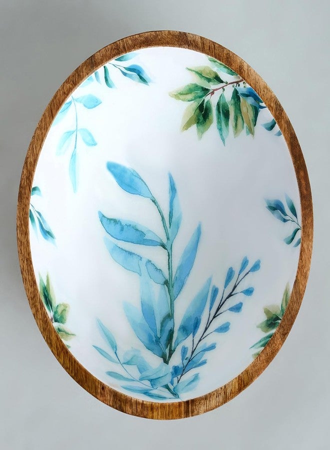 Saaga Printed Mango Wood Bowl - 10x4 Inch Handcrafted Round Serving Bowl with Food-Grade Finish for Noodles, Soups, Curries & Snacks - White and Aquamarine - Image 5
