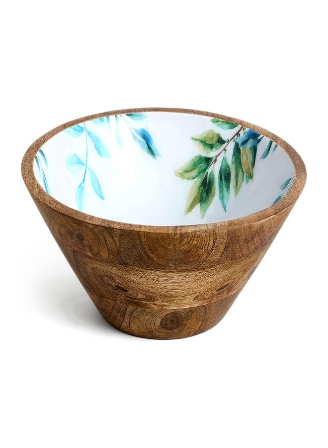 Saaga Printed Mango Wood Bowl - 10x4 Inch Handcrafted Round Serving Bowl with Food-Grade Finish for Noodles, Soups, Curries & Snacks - White and Aquamarine - Image 1