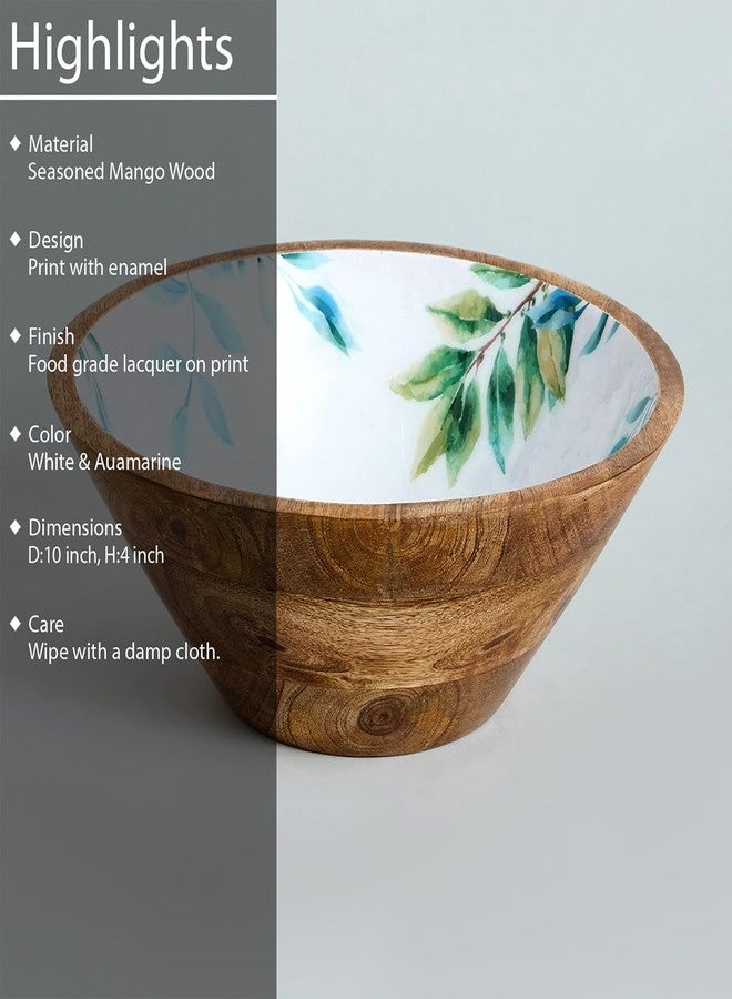 Saaga Printed Mango Wood Bowl - 10x4 Inch Handcrafted Round Serving Bowl with Food-Grade Finish for Noodles, Soups, Curries & Snacks - White and Aquamarine - Image 3
