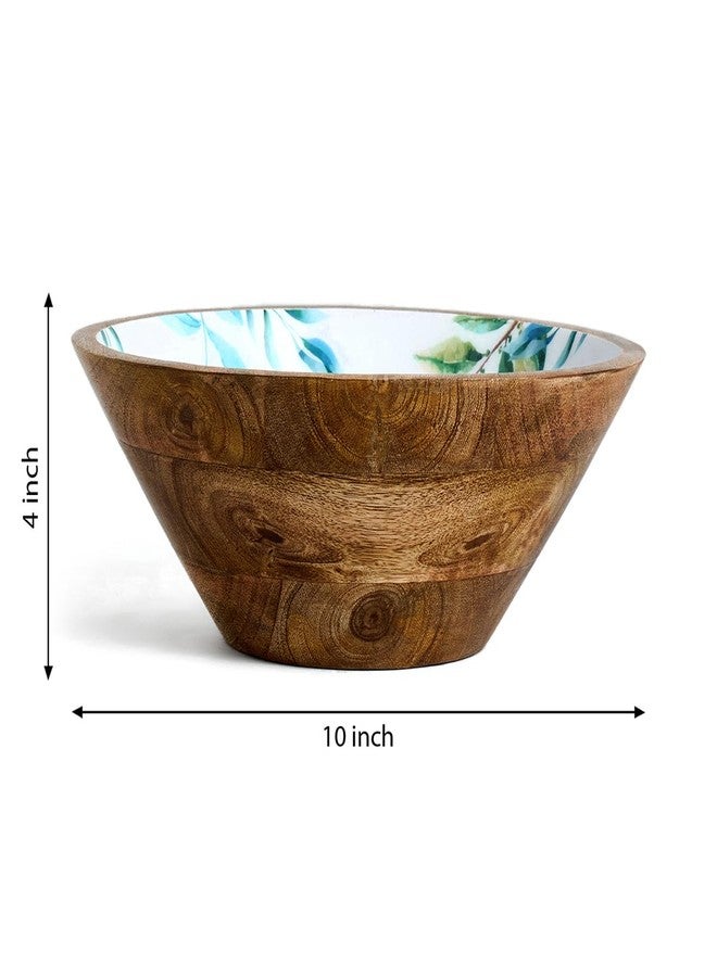 Saaga Printed Mango Wood Bowl - 10x4 Inch Handcrafted Round Serving Bowl with Food-Grade Finish for Noodles, Soups, Curries & Snacks - White and Aquamarine - Image 2