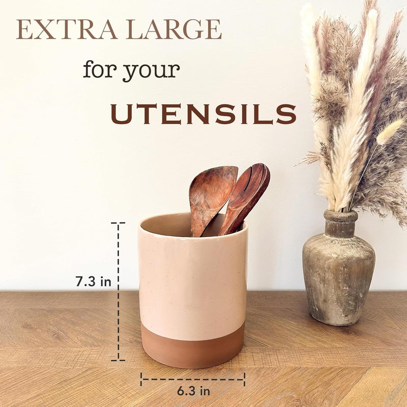 Mora Ceramic Kitchen Utensil Holder - Wooden Spoon & Spatula Crock for Countertop, Modern Farmhouse Home Decor, Extra Large 7.3" Cooking Organizer for Stove Top and Counter - Heavy & Sturdy - Chai - Image 2