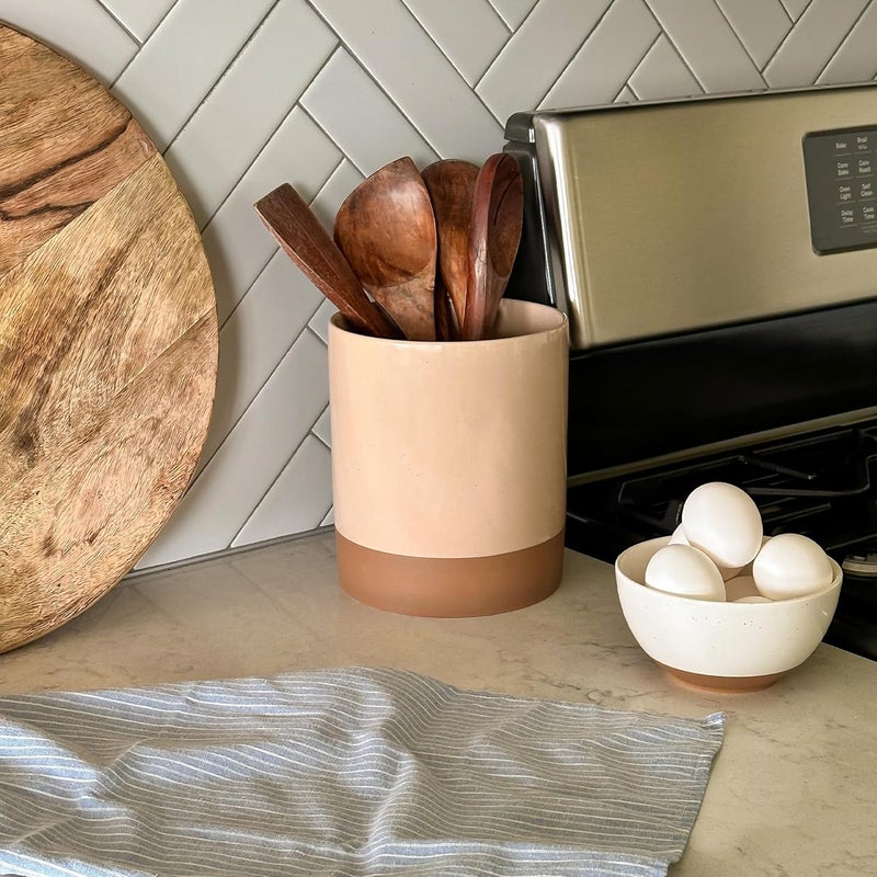 Mora Ceramic Kitchen Utensil Holder - Wooden Spoon & Spatula Crock for Countertop, Modern Farmhouse Home Decor, Extra Large 7.3" Cooking Organizer for Stove Top and Counter - Heavy & Sturdy - Chai - Image 5
