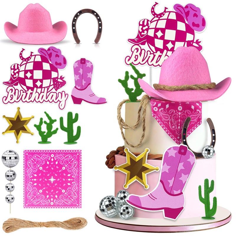 KEEPARTY Cowgirl Birthday Cake Topper Cowgirl Hat Scarf Western Rodeo Theme Decoration for Birthday Baby Shower Western Theme Party Favors Supplies (Pink) - Image 1