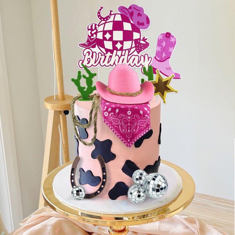 KEEPARTY Cowgirl Birthday Cake Topper Cowgirl Hat Scarf Western Rodeo Theme Decoration for Birthday Baby Shower Western Theme Party Favors Supplies (Pink) - Image 3