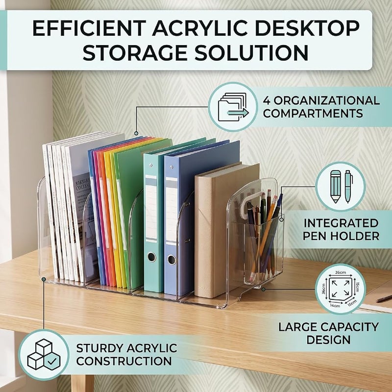 TOPINCN Clear Acrylic Desktop Book Rack 4 Compartments Bookshelf - Image 3