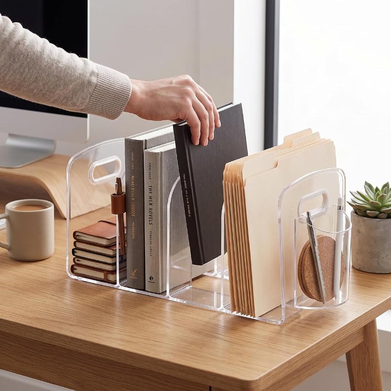 TOPINCN Clear Acrylic Desktop Book Rack 4 Compartments Bookshelf - Image 4