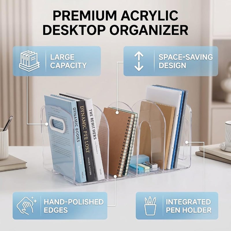 TOPINCN Clear Acrylic Desktop Book Rack 4 Compartments Bookshelf - Image 5