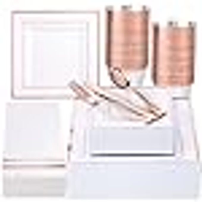 350PCS ROSE GOLD PLATES AND NAPKINS PARTY SUPPLIESSQUARE WHITE AND ROSE GOLD DISPOSABLE DINNERWARE INCLUDE PLATES CUPS CUTLERY NAPKINS FOR 50 GUESTS WEDDING CHRISTMAS PARTYMOTHERS DAY