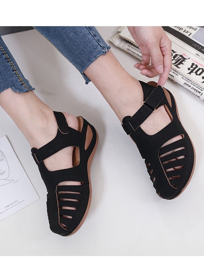 SIKETU Summer Hollow Out Retro Wedge Sandals Black  - Image 2