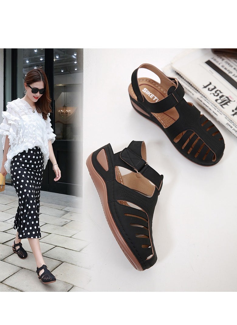 SIKETU Summer Hollow Out Retro Wedge Sandals Black  - Image 5