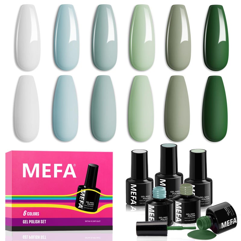 MEFA Green Gel Nail Polish Set 6 Colors, Sage Green Mist Blue Light Grey Dark Olive Shades Earth Tone Gel Polish Matcha Avocado Soak Off Nail Art Design Home Manicure Kit Gifts St. Patrick's Day - Image 1