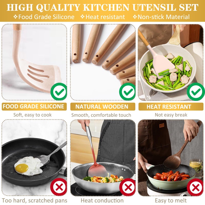 CACOLES Silicone Cooking Utensils Set, 43Pcs Non-Stick Heat Resistant Kitchen Utensils Spatula Set with Wooden Handle for Baking, Cooking, and Mixing, Best Kitchen Gadgets Tools with Holder (Khaki) - Image 4