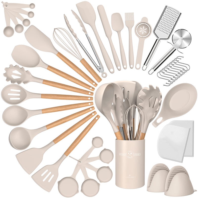 CACOLES Silicone Cooking Utensils Set, 43Pcs Non-Stick Heat Resistant Kitchen Utensils Spatula Set with Wooden Handle for Baking, Cooking, and Mixing, Best Kitchen Gadgets Tools with Holder (Khaki) - Image 1