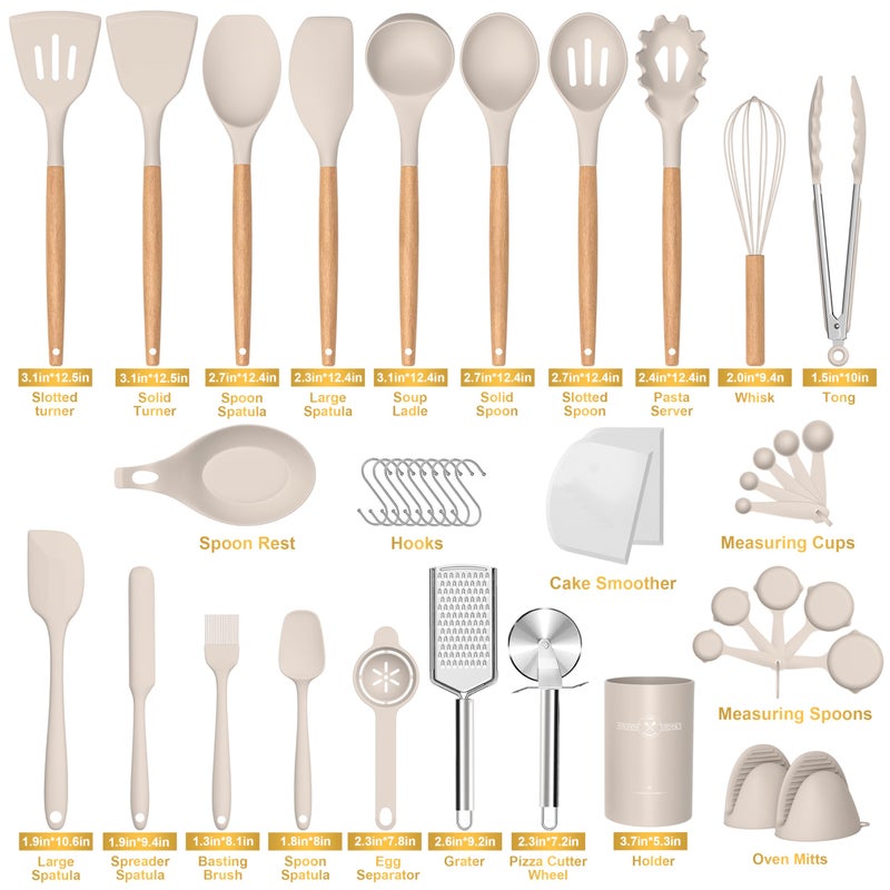 CACOLES Silicone Cooking Utensils Set, 43Pcs Non-Stick Heat Resistant Kitchen Utensils Spatula Set with Wooden Handle for Baking, Cooking, and Mixing, Best Kitchen Gadgets Tools with Holder (Khaki) - Image 3