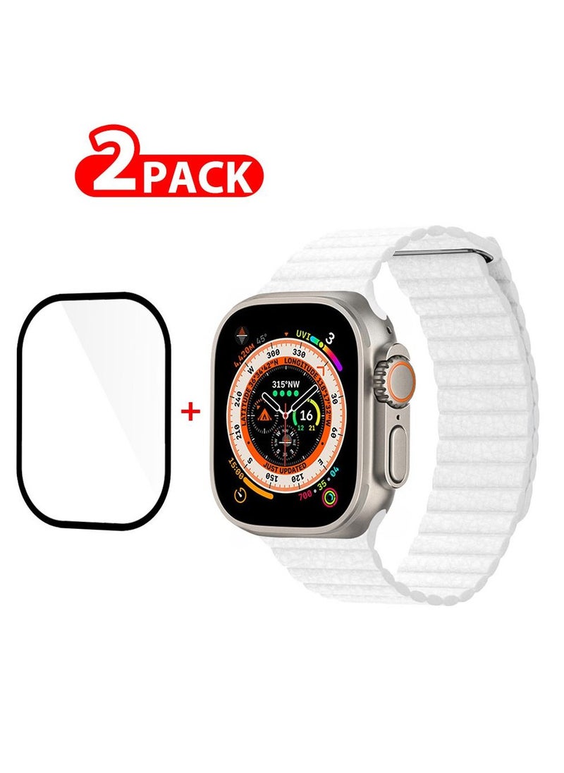 CATANES 2 Packs For Apple Watch Band 49mm Leather Loop Band Magnetic Watch Strap Wristband and 3D Screen Protector White  - Image 1