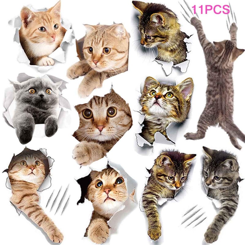 TTSAM 11PCS New 3D Removable Cartoon Animal Cats Large Wall Stickers, Easy to Peel Easy to Stick Safe on Painted Walls Cute Cat Decor Posters for Nursery Room Toilet Kitchen Offices - Image 1