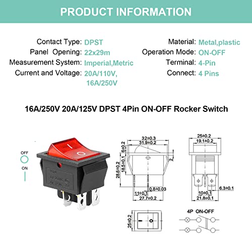 QTEATAK 2Pcs AC 20A/125V 15A/250V DPST 4 Pins 2 Position ON/Off Boat Rocker Toggle Switch with Red LED Light - Image 2