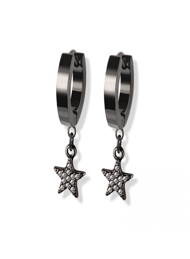 Pierced Owl 316L Stainless Steel CZ Crystal Star Dangling Huggie Hoop Earrings, Sold as a Pair (Black) - Image 1