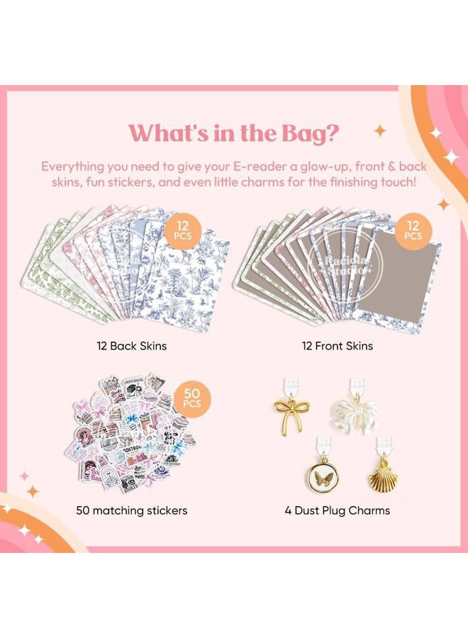 KACIOLA STUDIO 12PCS French Floral Skin for E-Reader, and 4PCS Type C Charms for E-Reader with Scrapbook Stickers, 6.9"x4.8" Skin Front and Back Decal Inserts for Paper White 11th (French Floral) - Image 3