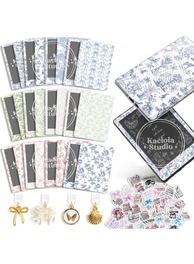 KACIOLA STUDIO 12PCS French Floral Skin for E-Reader, and 4PCS Type C Charms for E-Reader with Scrapbook Stickers, 6.9"x4.8" Skin Front and Back Decal Inserts for Paper White 11th (French Floral) - Image 1