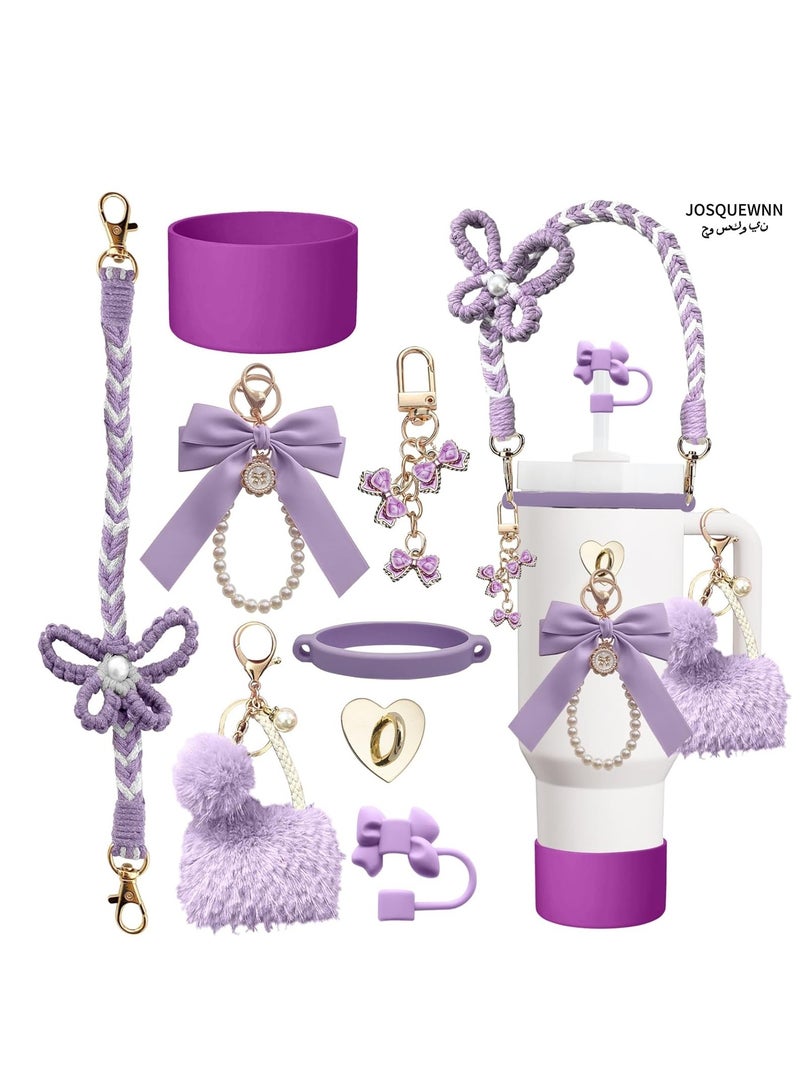 جوسكوين مجموعة اكسسوارات زجاجة المياه 8 قطع لكأس ستانلي، تتضمن غطاء للقشة، غطاء سيليكون، حزام مقبض لزجاجة المياه، قلادة لكأس ستانلي، مناسب لكؤوس ستانلي 30 أونصة و 40 أونصة، اللون بنفسجي. - Image 1