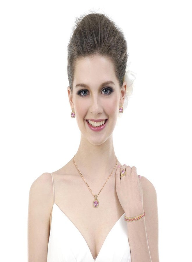 Paxuan 4pcs Wedding Jewelry Sets for Bride & Bridesmaid - Gold Plated Pink Cubic Zirconia Pendant, Earrings, Link Tennis Bracelet & Open Ring - Image 3