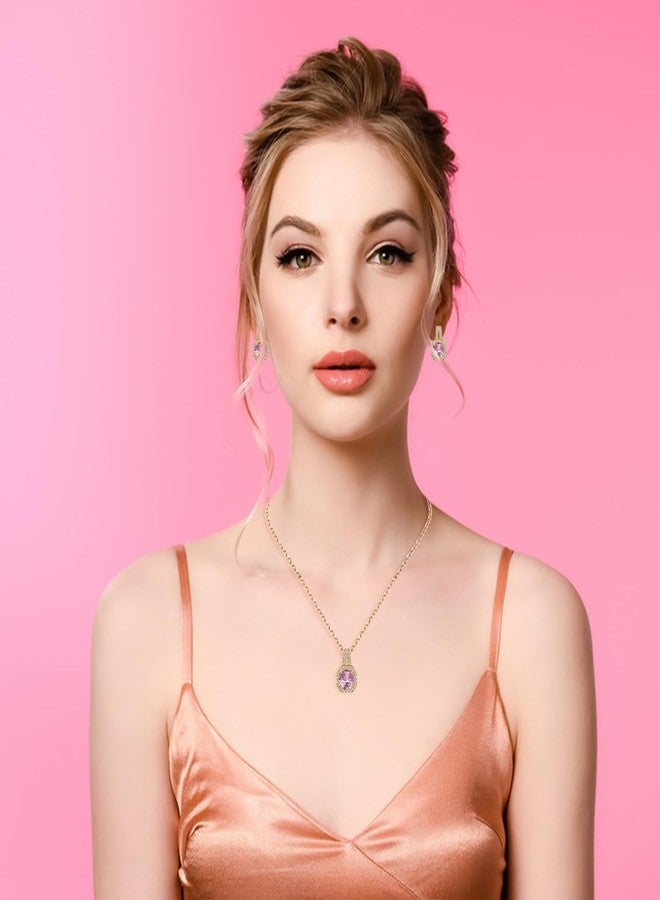 Paxuan 4pcs Wedding Jewelry Sets for Bride & Bridesmaid - Gold Plated Pink Cubic Zirconia Pendant, Earrings, Link Tennis Bracelet & Open Ring - Image 2